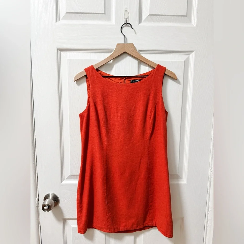 Vintage linen high neck burnt orange shift dress size 6 Lennie New York LNY fall - Picture 2 of 9